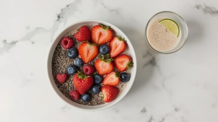 Vibrant Vegan Breakfast Bowl with Berries and Chia Seeds, Flat Lay