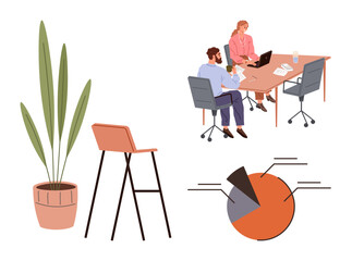 Fototapeta premium Team discussing analytics at a desk with laptop and documents, tall potted plant, high stool, pie chart. Ideal for teamwork, data analysis, communication, office, planning workplace simple flat
