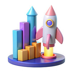 3d cartoon rocket launching next to colorful growth bars isolated on transparent background