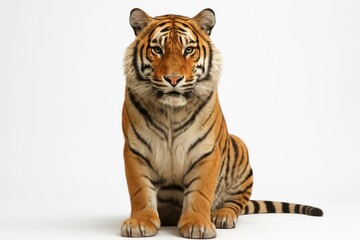 Obraz premium A majestic tiger sits poised on a white background, its gaze steady and commanding