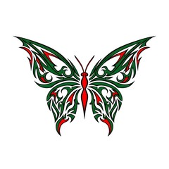 Obraz premium Stylized green tribal butterfly illustration with sharp symmetrical wings and lightning-like patterns, displayed on a white background, perfect for tattoos, logos, and digital art