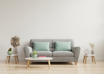 Illuminated Contemporary Living Space with Plush Sofa and Stylish Lamp against a Pristine White Wall, Embracing a Warm and Inviting Ambiance