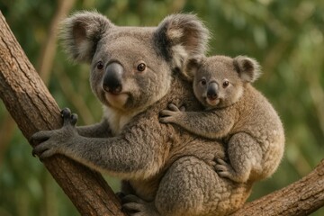 Fototapeta premium A Koala Mother and Child Share a Gentle Embrace on a Branch
