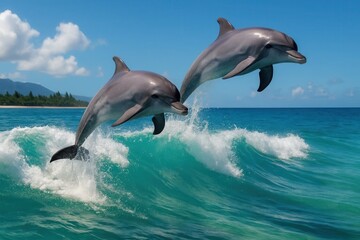 Fototapeta premium Dolphins Dance on a Wavescape of Blue