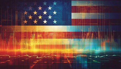 United States Flag Representing Global Market Economy with Financial Growth and Crisis Indicators