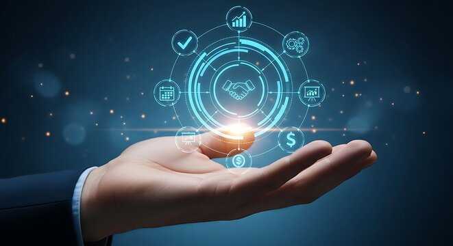 A hand gently cradles a glowing digital interface showcasing business metrics and financial success.