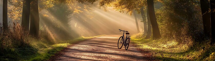 Fototapeta premium A bicycle rests alone on a road through a sunlit forest