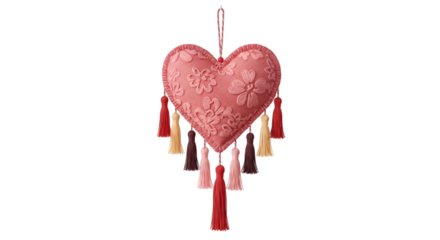 Isolated Heart Fabric Decoration with Pink Floral Design and Tassels