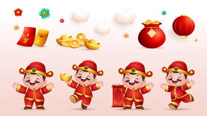 Cartoon God of Wealth Character with different pose and chinese elements vector Illustration. Translation : Yuan, Yen