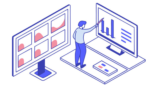 Flat isometric financial dashboard review: multiple charts on screens as placeholder blocks, person pointing with stylus, desk with stationery, cool professional palette, no text.

