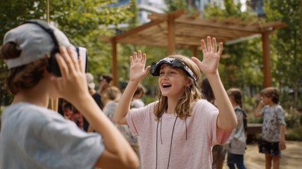 Fototapeta premium Kids playing multiplayer AR treasure hunt in a smart park, laughter and