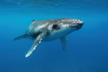 Fototapeta premium A lone humpback whale gracefully swims beneath the clear blue waters of the ocean