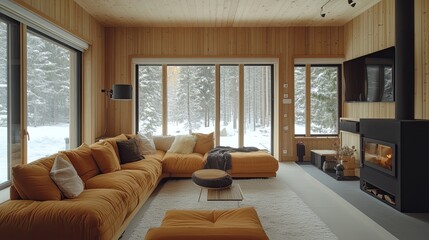 Naklejka premium Minimalist Scandinavian living room with sofa, wooden walls, and modern furniture, cozy home interior. 