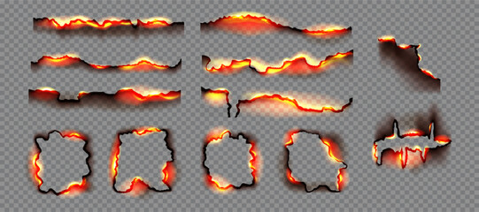 Large set of borders and frames made of burnt and smoldering paper edges. The effect of fire on torn fragments. Vector design elements for website design, social networks, advertising materials, games