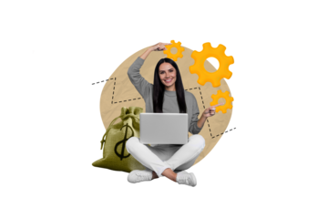 Vertical collage of young cheerful girl sitting with netbook direct fingers correct mechanism make profit isolated on beige background