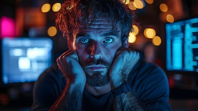 Frustrated IT professional dealing with a ransomware attack due to outdated software security patches