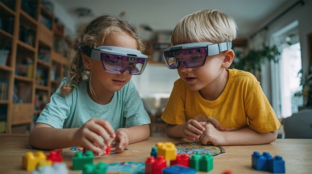 Kids playing multiplayer AR treasure hunt in a smart park, laughter and