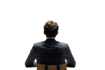 Rear view of a man in a suit, seated.