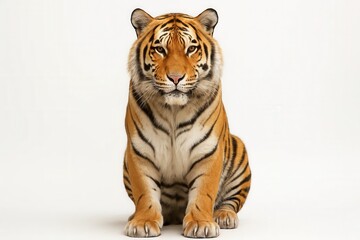 A majestic tiger sits poised on a pristine white background, its gaze steady and unwavering