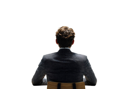 Rear view of a man in a suit, seated.