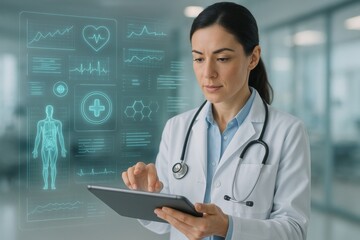 Medical Professional Examining Data: A determined medical professional, immersed in data analysis using a digital tablet.