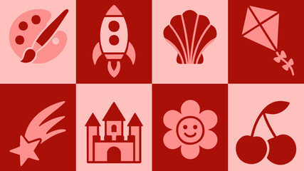Pink retro icon set with rocket, seashell, house, and flower.