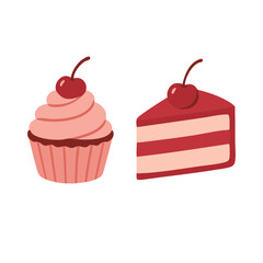 Pink and red dessert illustration with cupcake and cake slice.
