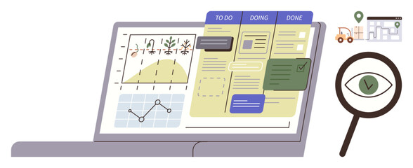 Laptop with charts, task management board, magnifying glass, and delivery map. Ideal for productivity, workflow, analysis, logistics supply chain organization and goals. Simple flat metaphor