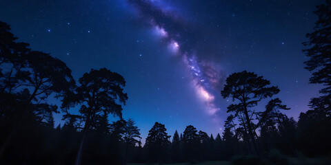 Naklejka premium Milky Way Over Forest Silhouettes