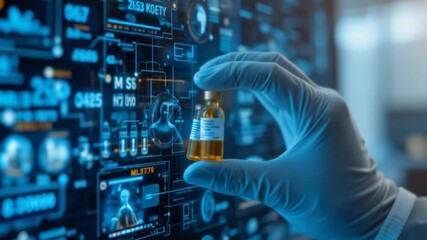 A gloved hand holds a bottle on a digital interface, symbolizing precision medicine and advanced diagnostics. 4k video - Powered by Adobe