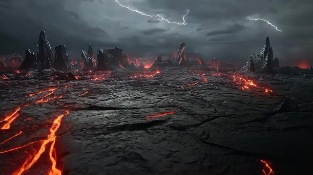 Volcanic landscape under stormy sky; glowing lava flows through cracked earth, jagged dark rocks form a desolate horizon