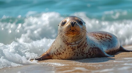 Seal relaxing on a sandy beach with crashing ocean waves