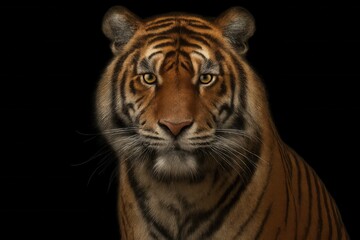 Fototapeta premium A striking portrait of a tiger in profile against a stark black background, highlighting its powerful gaze and distinctive striped fur