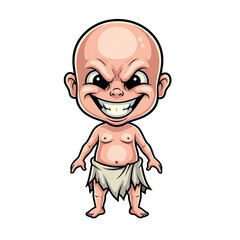 An eerie cartoon bald creature grins wickedly with a menacing expression in its caricature design, transparent background
