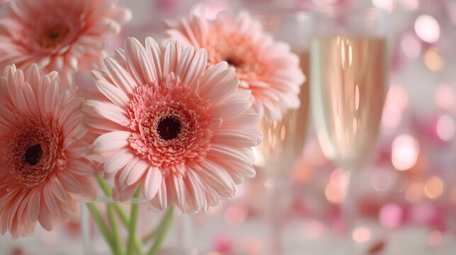 Sparkling Champagne Flute with Pink Gerbera Daisies on Confetti Background perfect for bridal shower invites, spring celebration ads, beverage branding and social media party posts