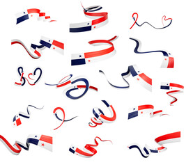 Set Of Different Style Of Panama Wavy Abstract Ribbon Flags On White Background 3d Illustration