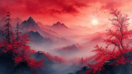 Traditional Chinese painting.Red Landscape.