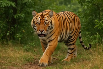 Fototapeta premium A majestic tiger strides through the verdant forest, its powerful form a testament to nature's grandeur