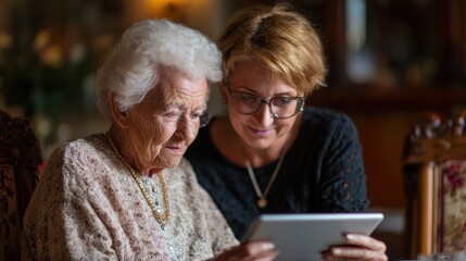 A caring moment between a young woman and a senior lady as they explore technology on a tablet together.