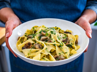Woman holding plate with papperdelle pasta with champignons mushrooms in cream sauce and parsley,...