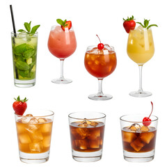 Isolated Png Assorted Cocktail Beverages with Strawberry Cherry and Ice