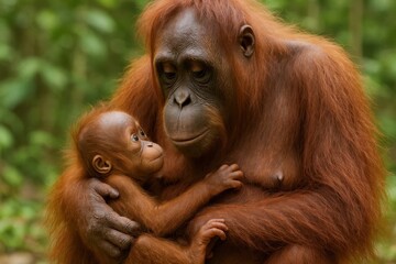 A Mother Orangutan Cradles Her Chubby Infant in a Serene Forest Embrace