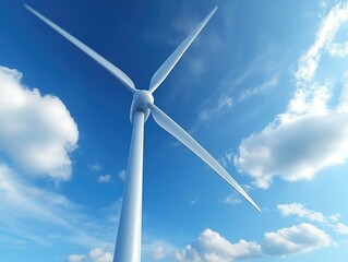 A wind turbine against a clear blue sky. 