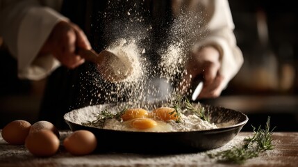 A close-up of a chef's hands adding flour to a mixing bowl with fresh eggs and herbs, capturing culinary creativity.