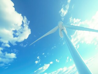 A wind turbine against a clear blue sky. 