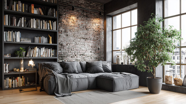 Compact urban apartment living room, modular grey sofa, industrial exposed brick wall, minimalist bookshelf