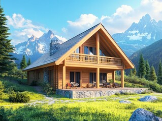 Wooden cabin or cottage house.