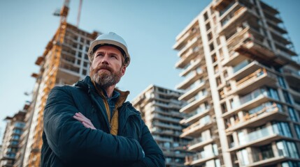 A confident construction manager oversees a modern building project, showcasing skills and expertise in urban development.