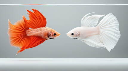 Obraz premium Realistic photo of two Betta fish flaring at each other in separate tanks displaying their aggressive behavior and vivid colors.