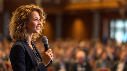 A confident speaker addresses a large audience, sharing insights and inspiring engagement in a professional setting.